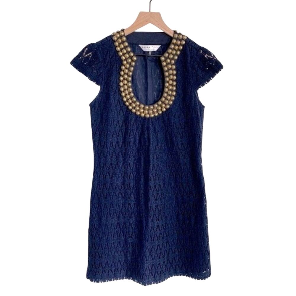 Trina Turk Navy Crochet Mini Dress with Embellished Collar Size 8